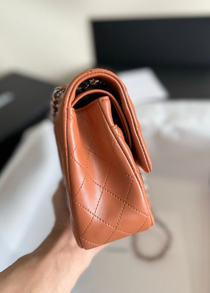 flap bag medium 25 brown lambskin silver hardware