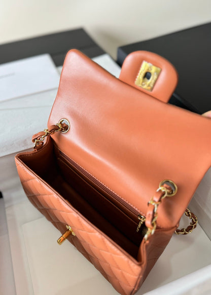 flap bag mini 20 brown lambskin gold hardware