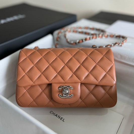 flap bag mini 20 brown lambskin silver hardware