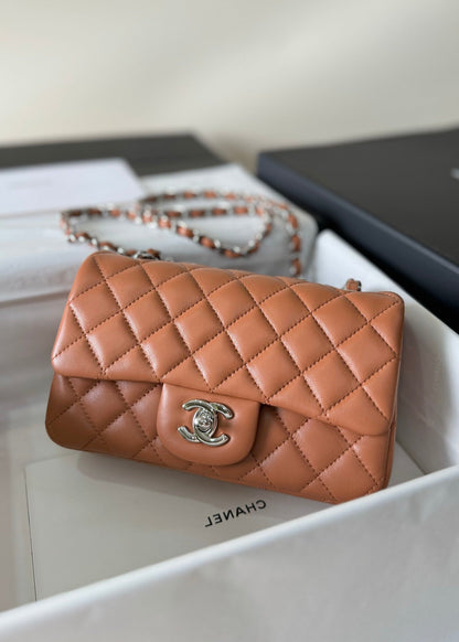 flap bag mini 20 brown lambskin silver hardware