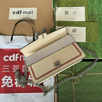 DYONYSUS SMALL SHOULDER BAG 25 IN BEIGE MIX RED CALFSKIN DRAGON LOGO PRINT