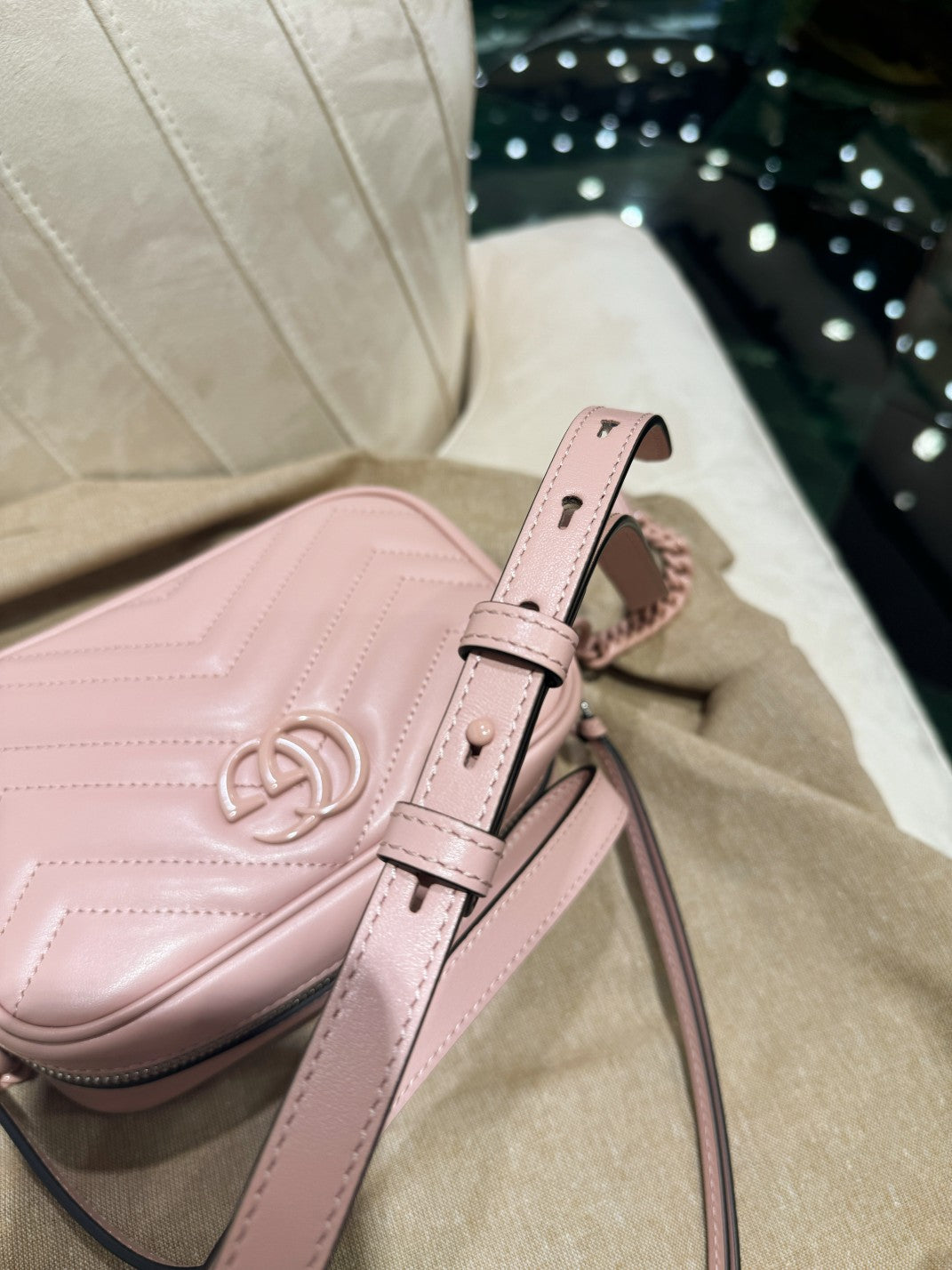 GG MINI 18 MARMONT MATELASS¨¦ SHOULDER BAG LIGHT PINK CALFSKIN