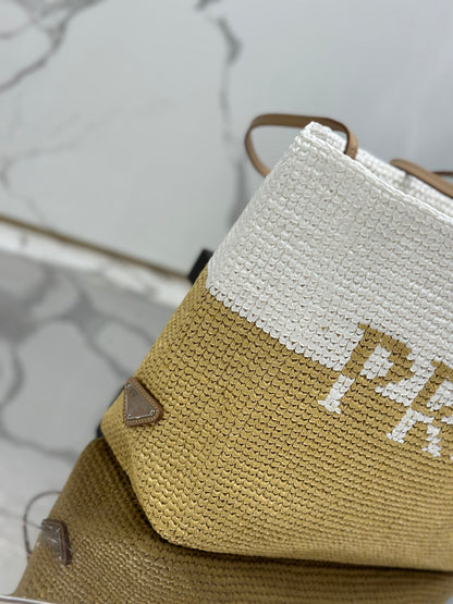 LARGE TOTE BAG 37 IN WHITE MIX BEIGE RAFFIA AND BROWN CALFSKIN HANDLE