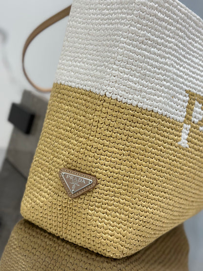 LARGE TOTE BAG 37 IN WHITE MIX BEIGE RAFFIA AND BROWN CALFSKIN HANDLE