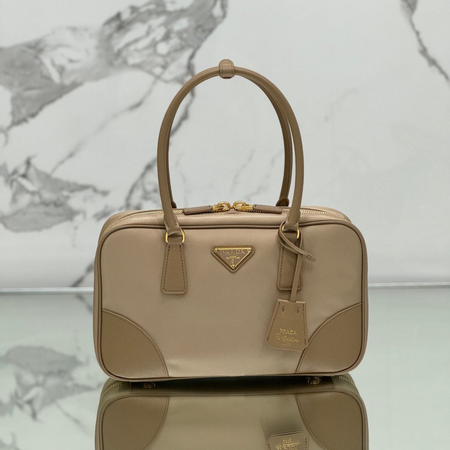 LARGE TOP HANDLE BAG 35 IN DRIED MOSS NYLON AND CALFSKIN TRIM