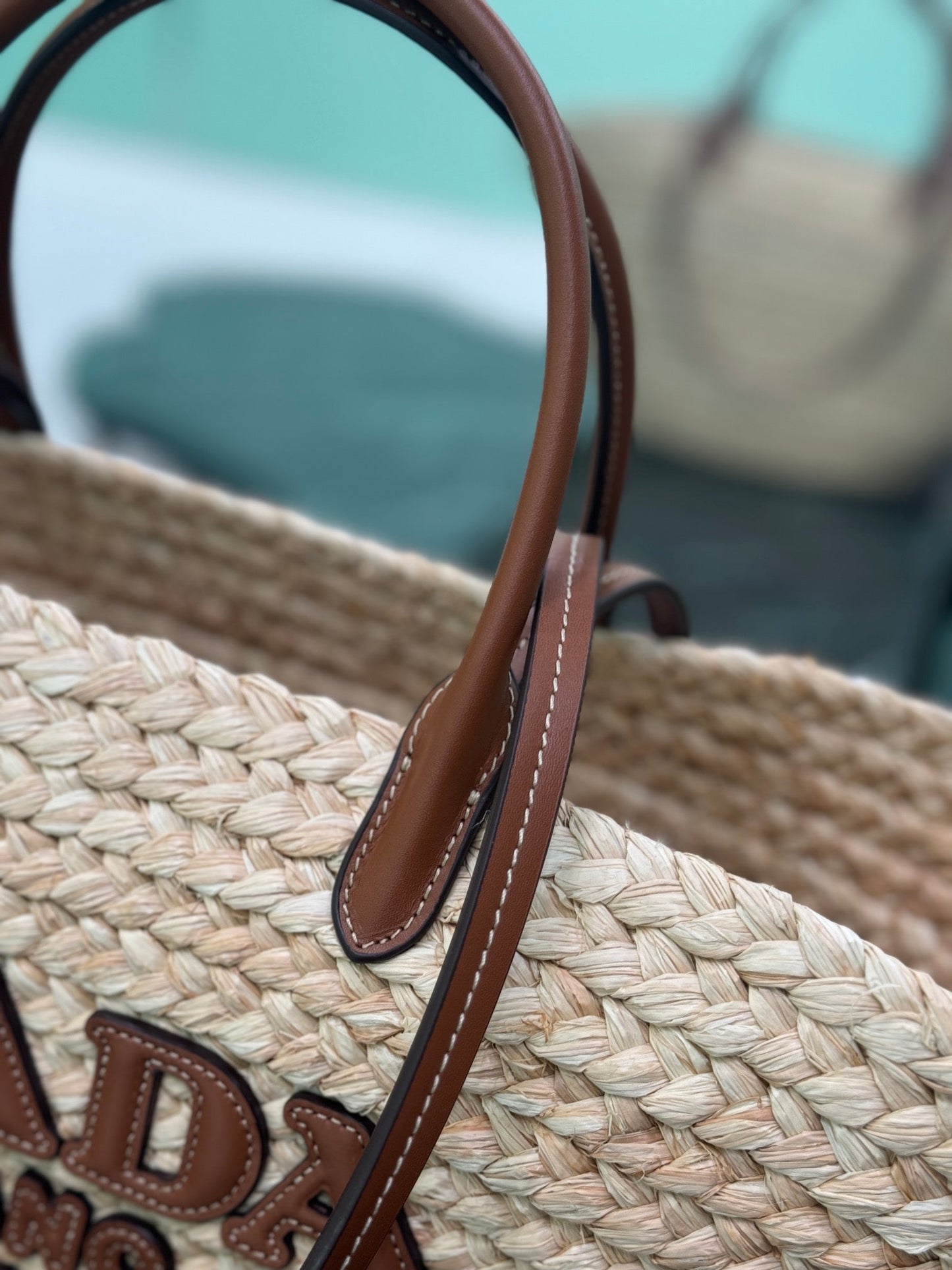 LARGE TOTE BAG 56 IN BEIGE RAFFIA GRASS AND BROWN CALFSKIN TRIM