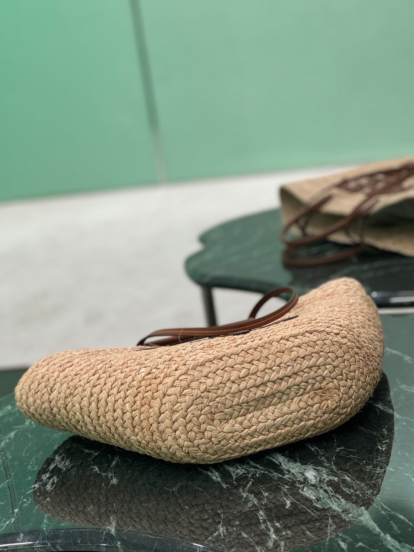 LARGE TOTE BAG 56 IN BEIGE RAFFIA GRASS AND BROWN CALFSKIN TRIM