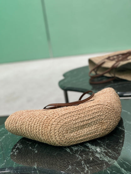 LARGE TOTE BAG 56 IN BEIGE RAFFIA GRASS AND BROWN CALFSKIN TRIM