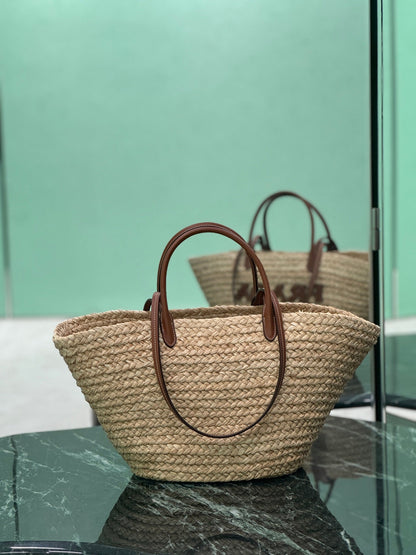 LARGE TOTE BAG 56 IN BEIGE RAFFIA GRASS AND BROWN CALFSKIN TRIM