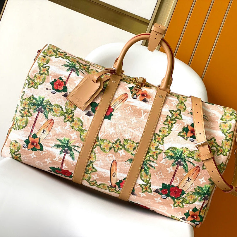 KEEPALL BANDOULI¨¨RE 50 IN SAND TROPICAL MOTIFS MONOGRAM SURFIN CANVAS