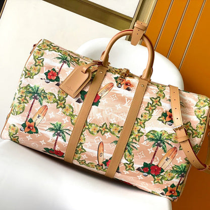 KEEPALL BANDOULI¨¨RE 50 IN SAND TROPICAL MOTIFS MONOGRAM SURFIN CANVAS