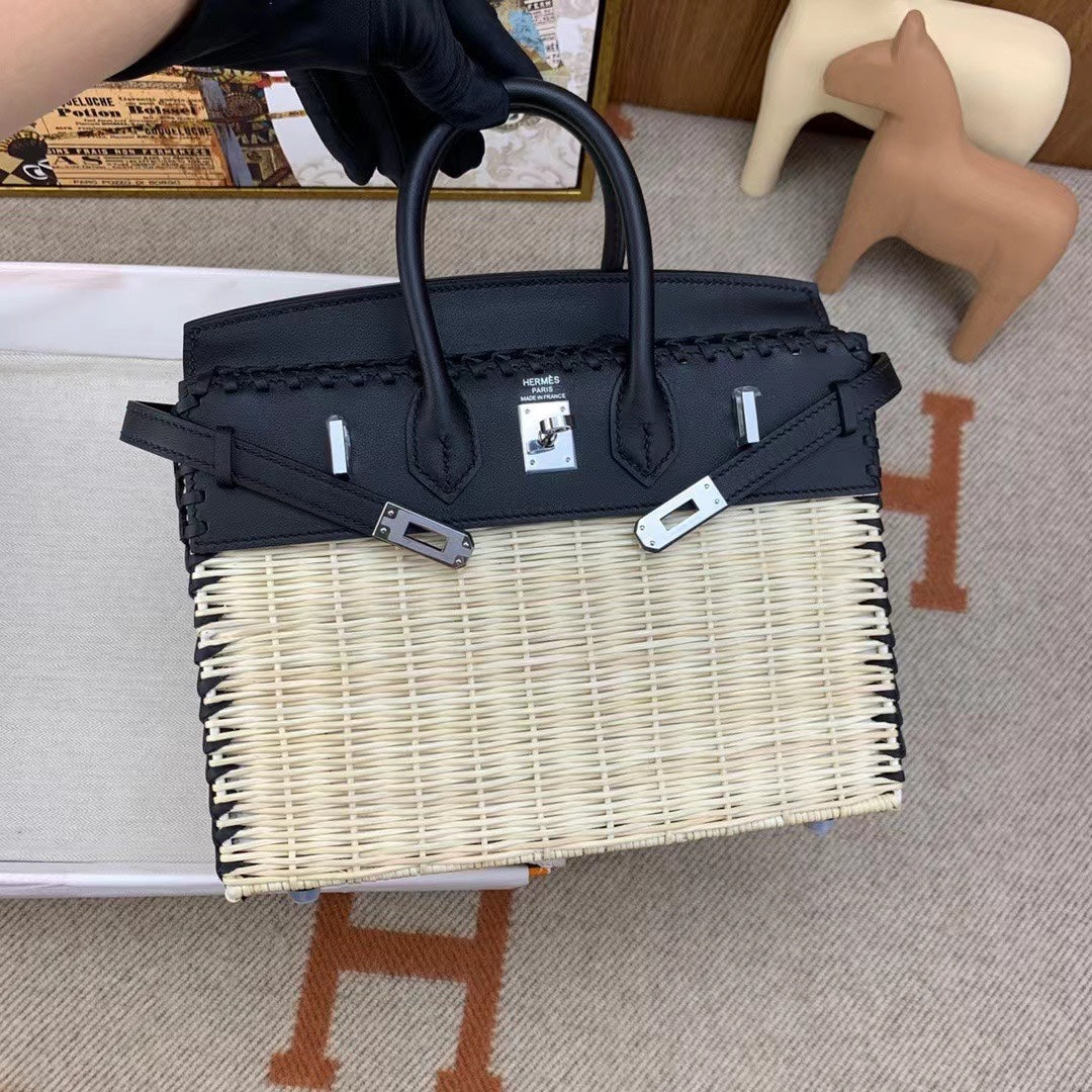 HM BIRKIN 25 CM PICNIC BLACK BAMBOO AND RATTAN