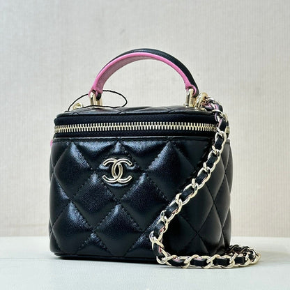 vanity shoulder bag top handle 10cm black pink lambskin