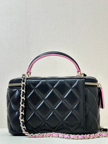 vanity shoulder bag top handle 17cm black pink lambskin