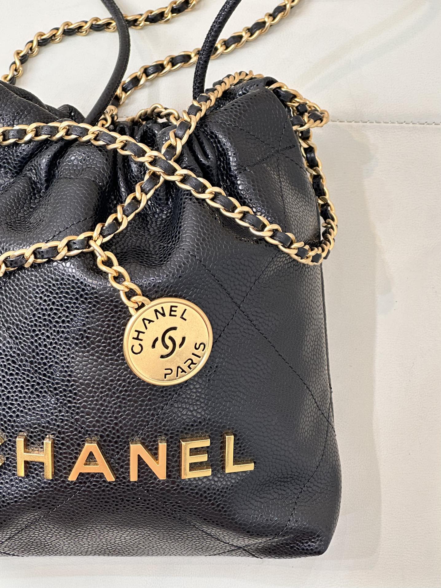 CC 22 Hobo Bag 19cm Black Grained Calfskin Gold Hardware