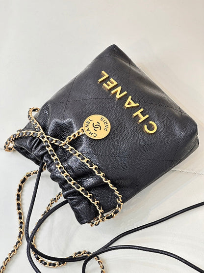 CC 22 Hobo Bag 19cm Black Grained Calfskin Gold Hardware