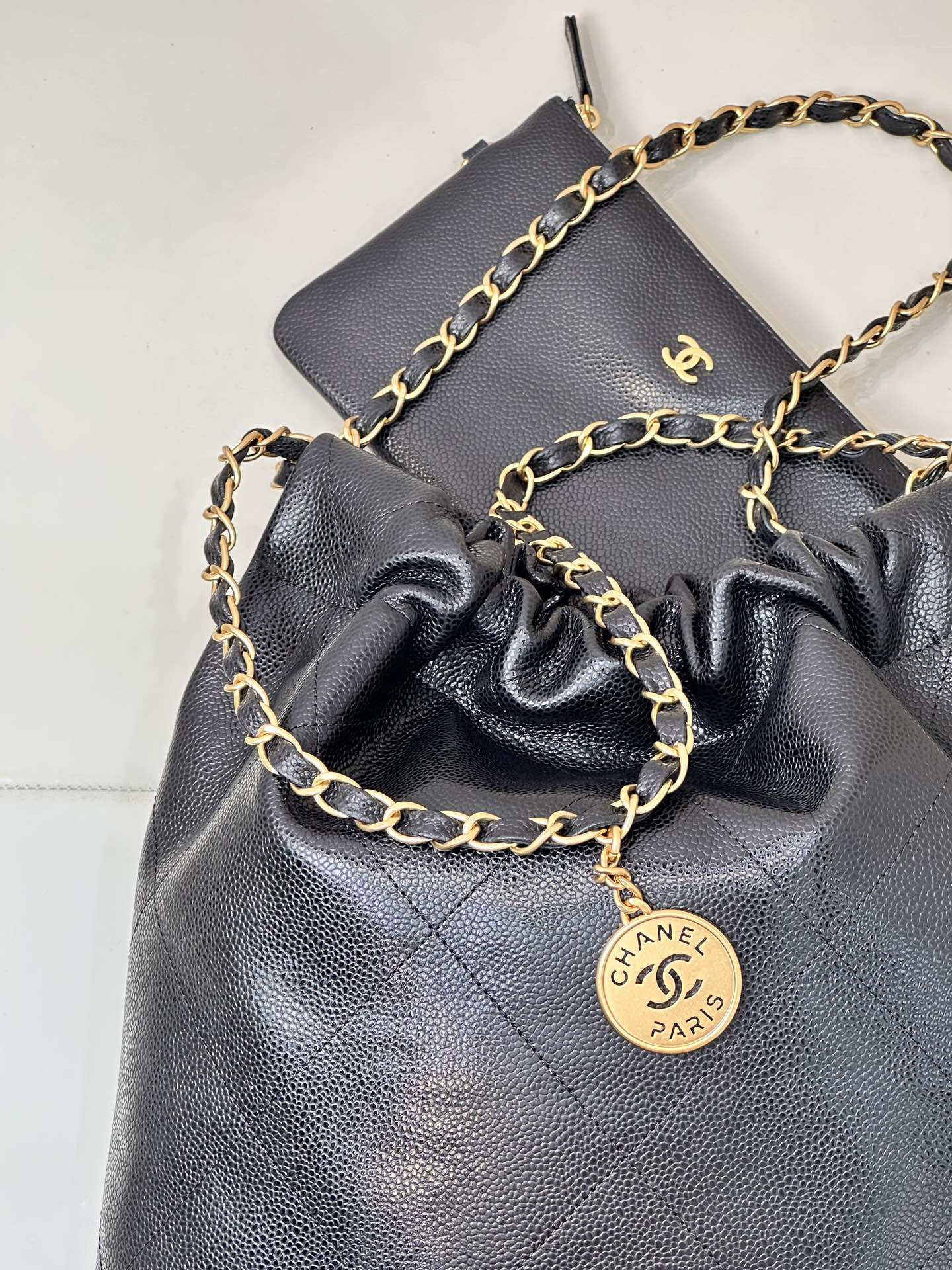 CC 22 Hobo Bag 35cm Black Grained Calfskin Gold Hardware