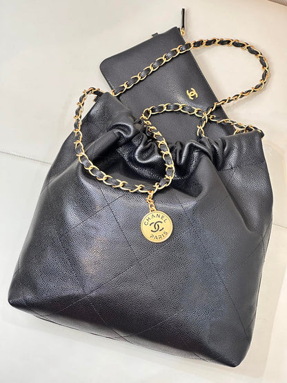 CC 22 Hobo Bag 35cm Black Grained Calfskin Gold Hardware