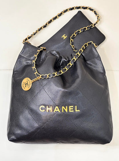 CC 22 Hobo Bag 35cm Black Grained Calfskin Gold Hardware