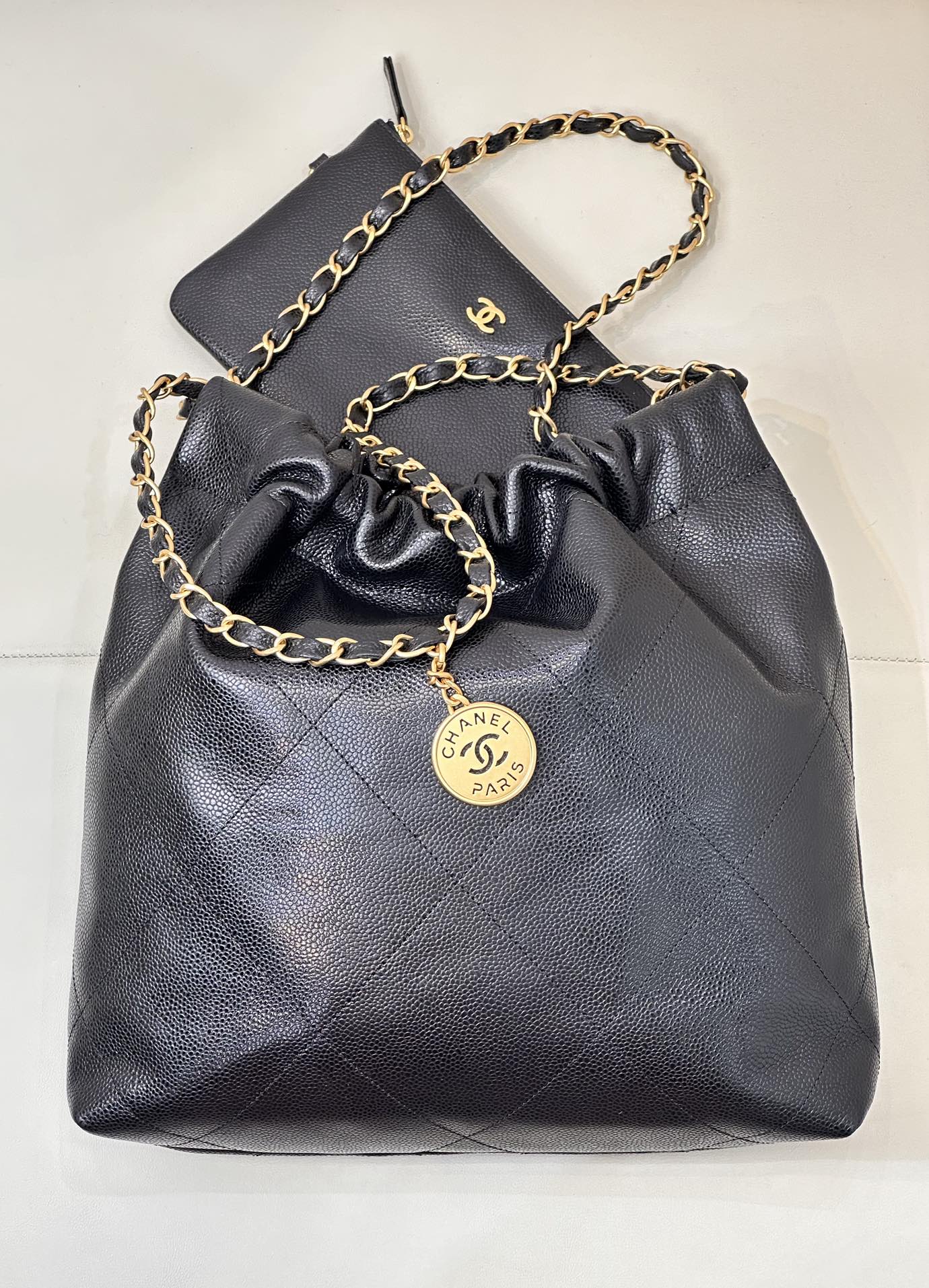 CC 22 Hobo Bag 35cm Black Grained Calfskin Gold Hardware