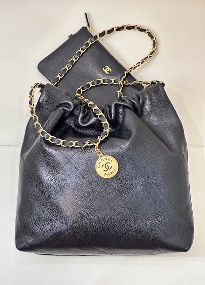 CC 22 Hobo Bag 35cm Black Grained Calfskin Gold Hardware