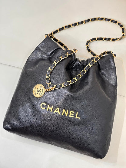 CC 22 Hobo Bag 35cm Black Grained Calfskin Gold Hardware