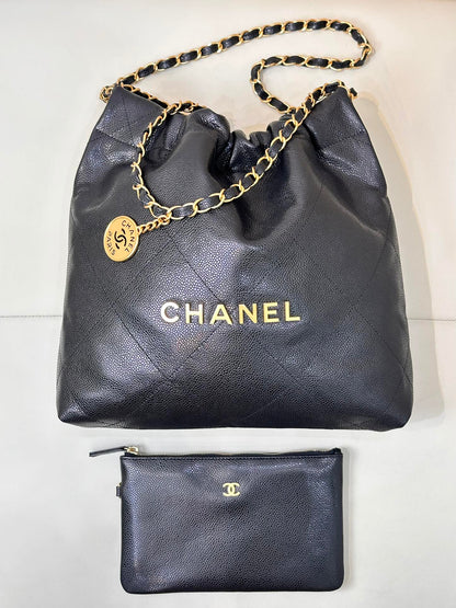 CC 22 Hobo Bag 35cm Black Grained Calfskin Gold Hardware