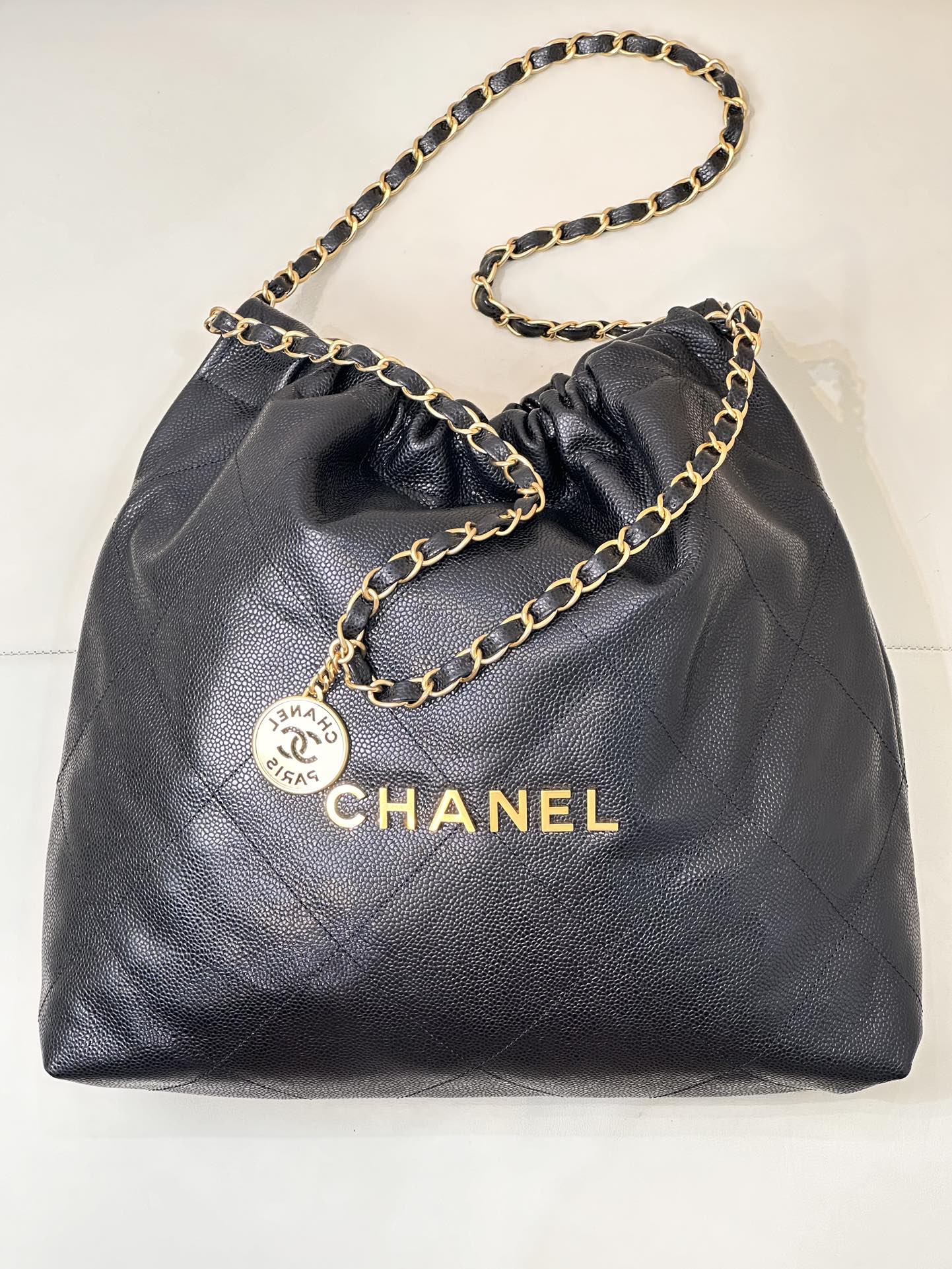 CC 22 Hobo Bag 42cm Black Grained Calfskin Gold Hardware