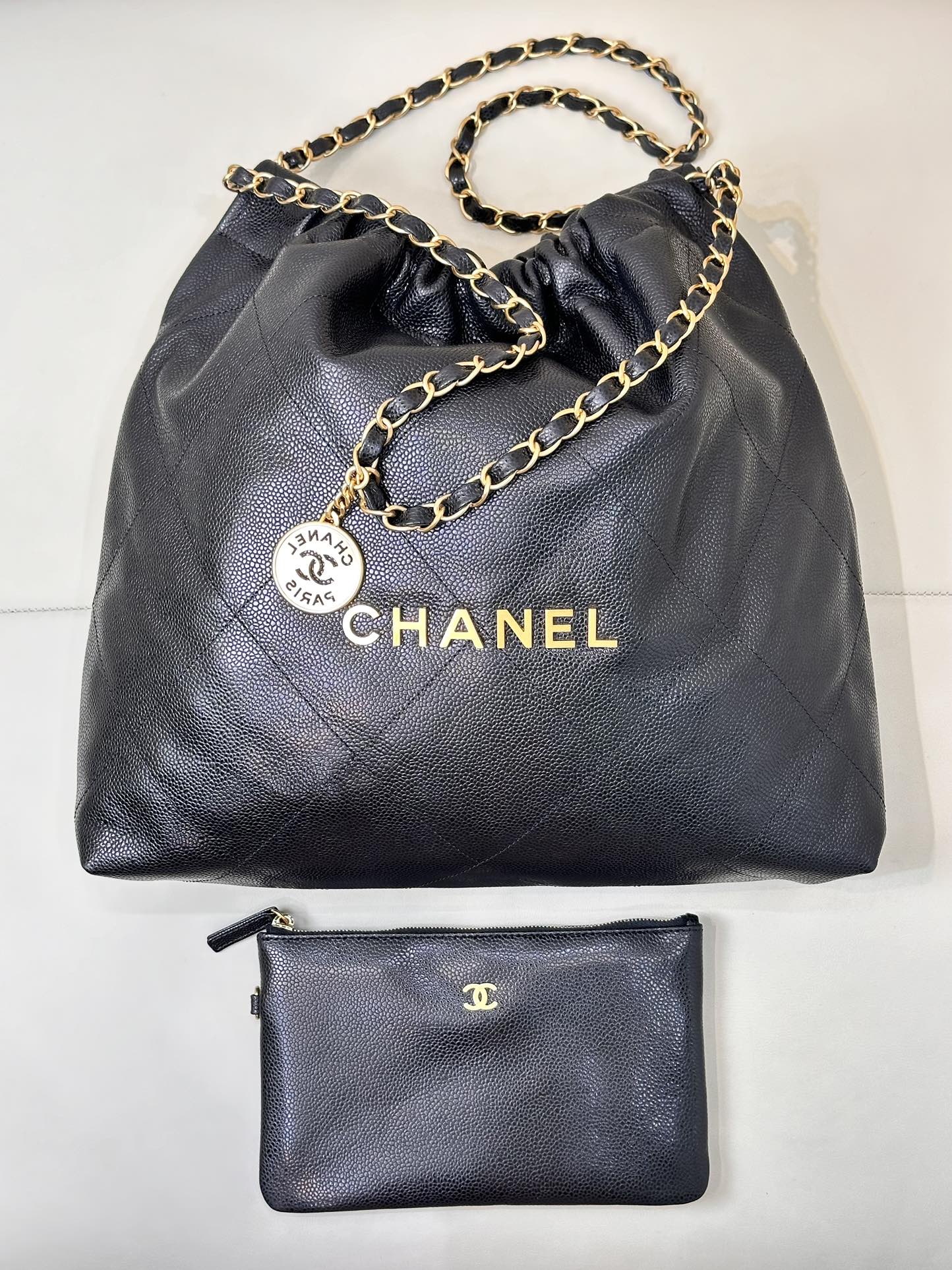 CC 22 Hobo Bag 42cm Black Grained Calfskin Gold Hardware