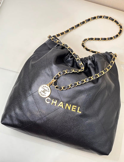 CC 22 Hobo Bag 42cm Black Grained Calfskin Gold Hardware