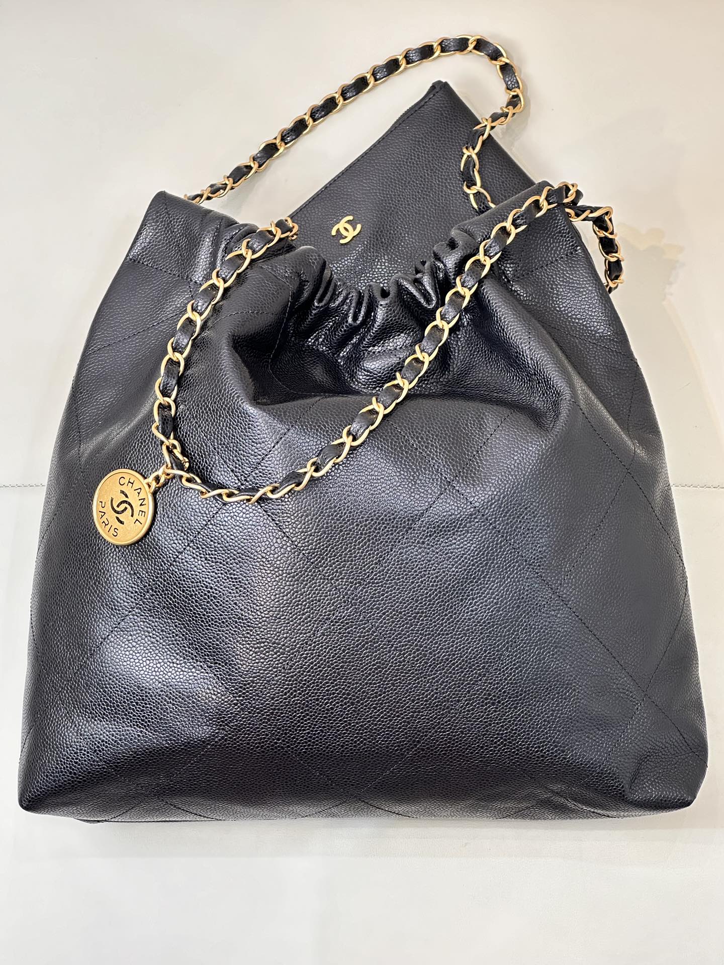 CC 22 Hobo Bag 42cm Black Grained Calfskin Gold Hardware