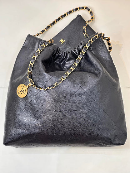 CC 22 Hobo Bag 42cm Black Grained Calfskin Gold Hardware