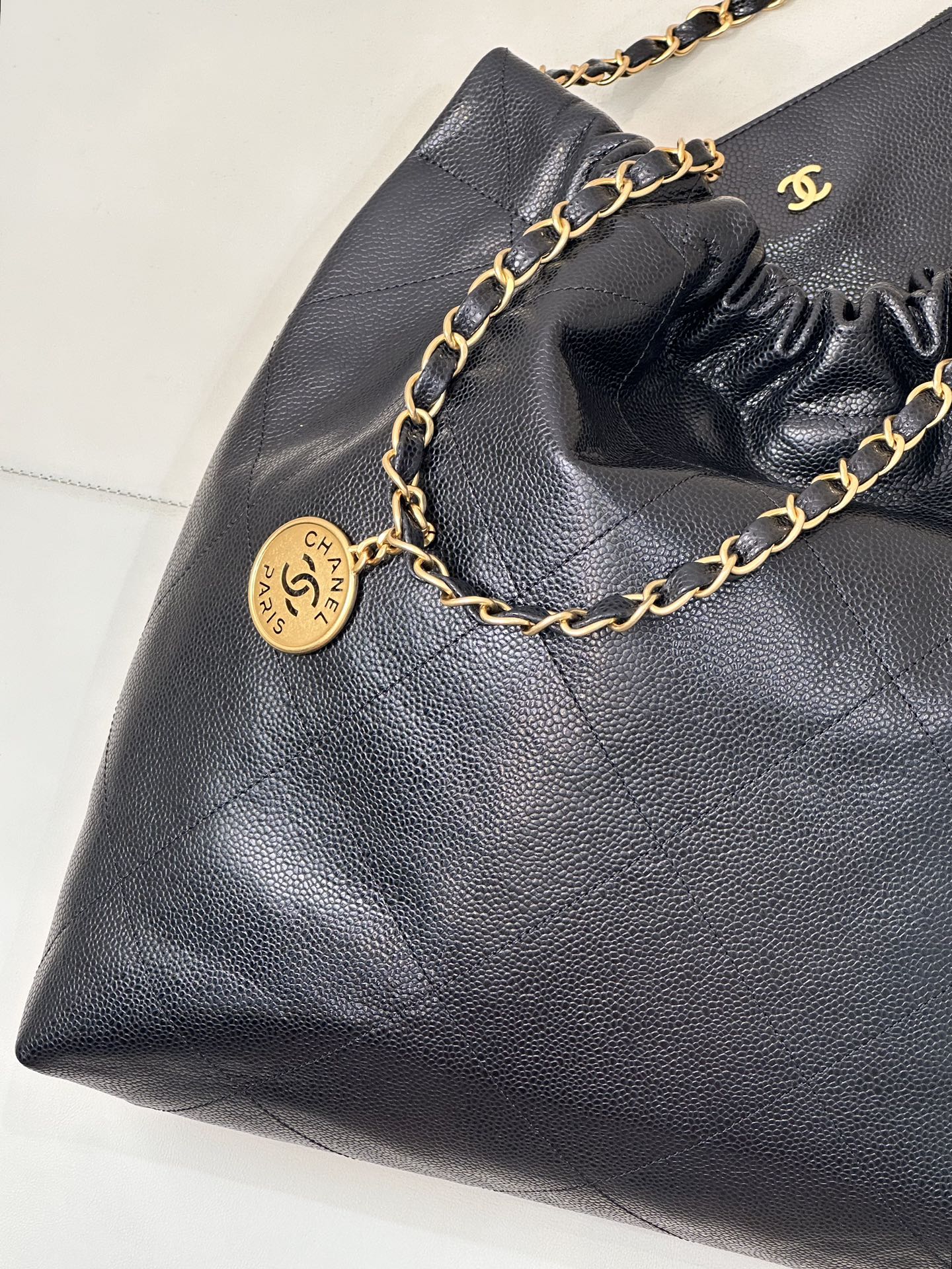 CC 22 Hobo Bag 42cm Black Grained Calfskin Gold Hardware