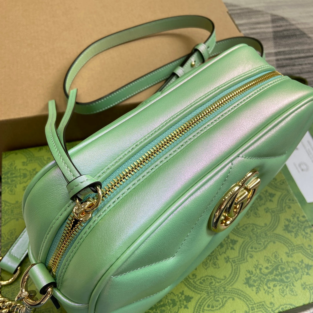 GG MARMONT 24 SMALL MATELASS¨¦ SHOULDER BAG GREEN IRIDESCENT CALFSKIN