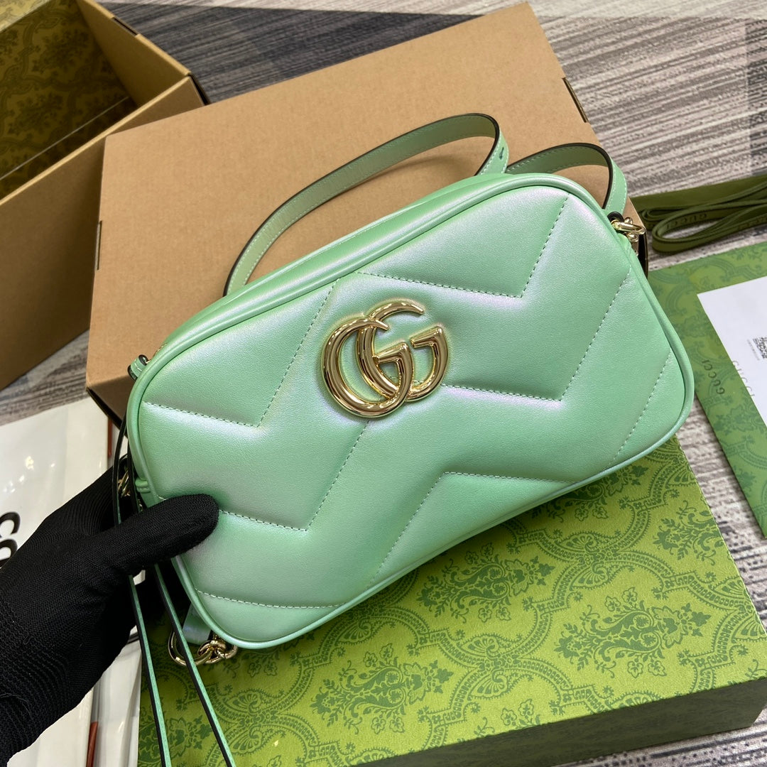 GG MARMONT 24 SMALL MATELASS¨¦ SHOULDER BAG GREEN IRIDESCENT CALFSKIN