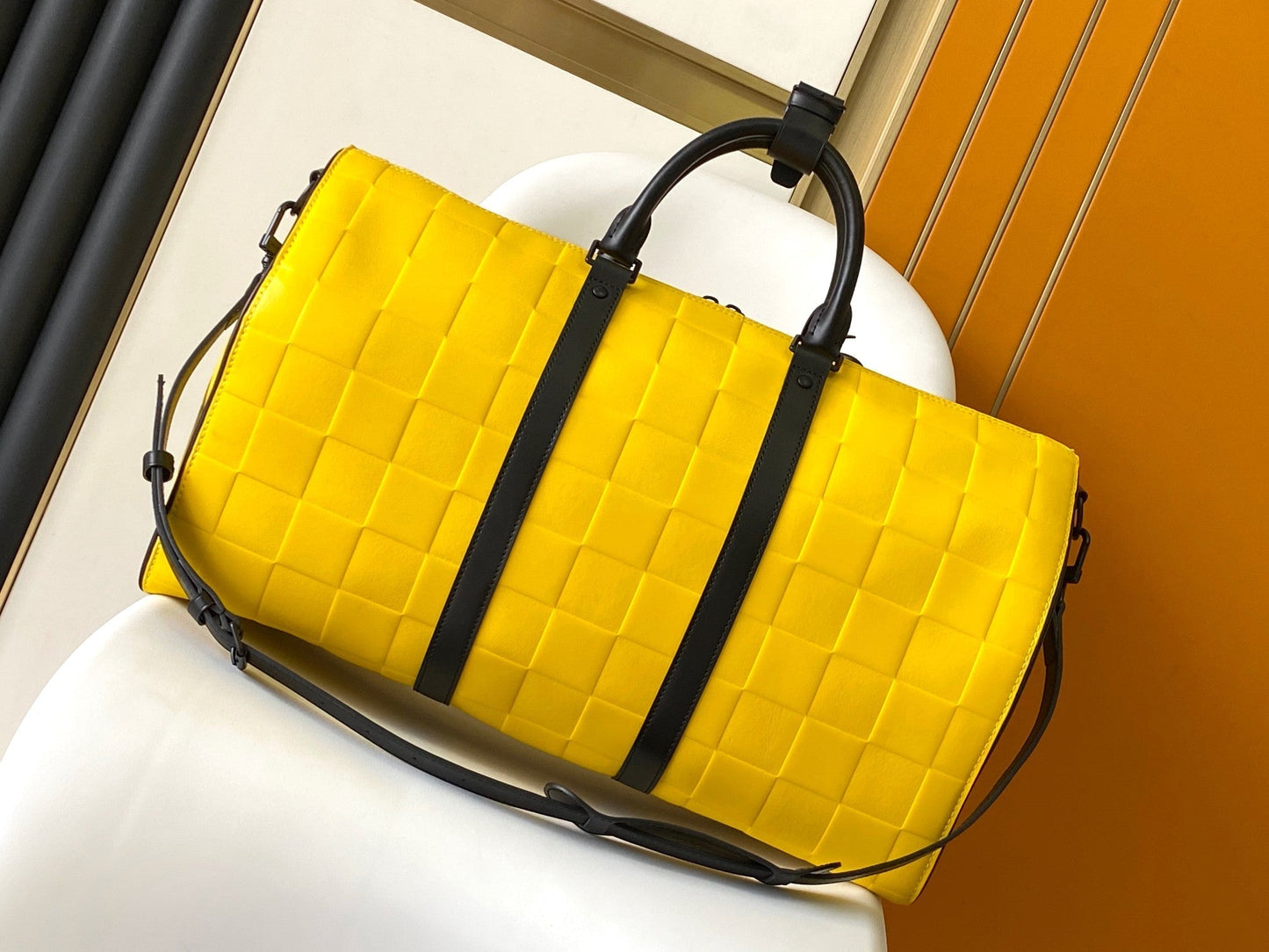 KEEPALL BANDOULI¨¨RE 50 IN YELLOW DAMIER SCUBA CALFSKIN