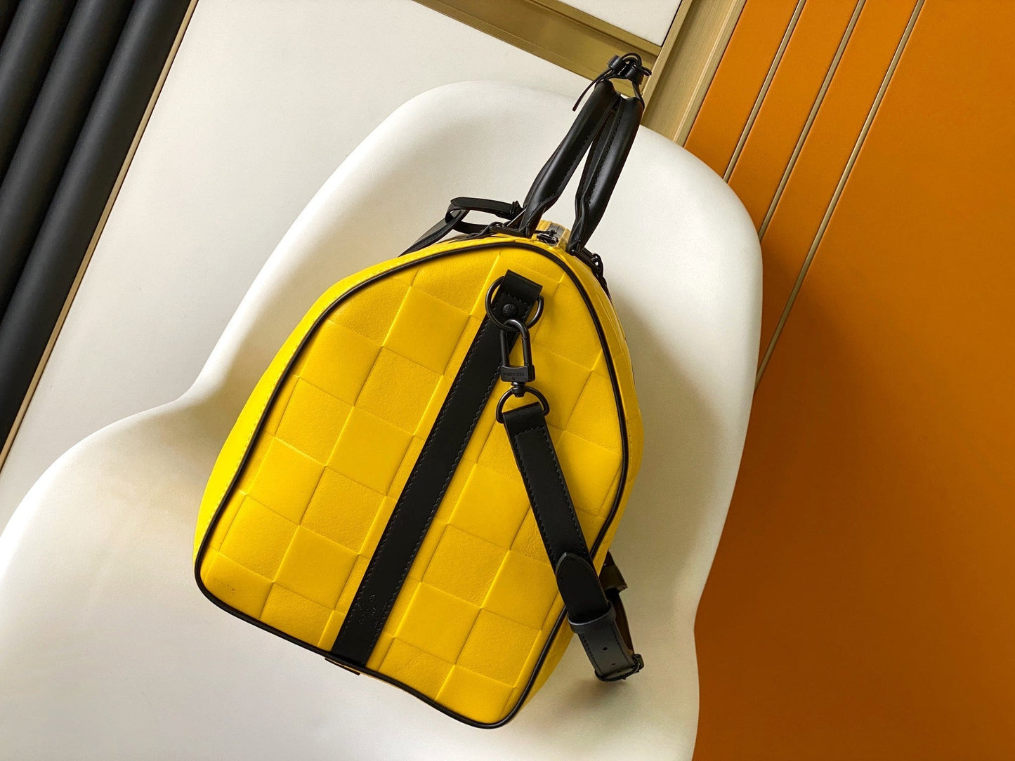 KEEPALL BANDOULI¨¨RE 50 IN YELLOW DAMIER SCUBA CALFSKIN