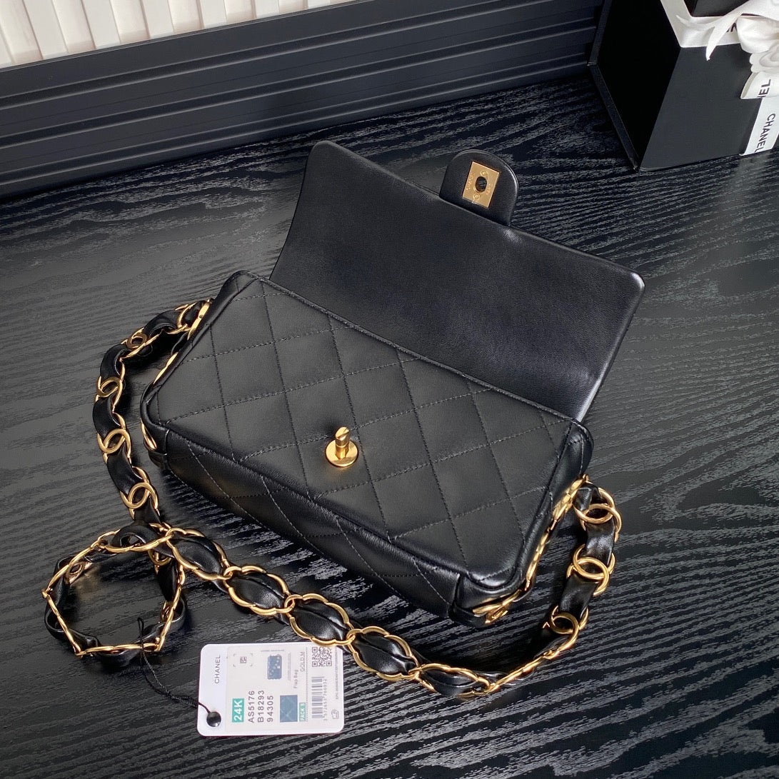 CC 24K Mini Flap Bag 21cm Black Lambskin Gold Hardware