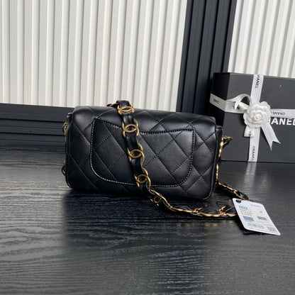 CC 24K Mini Flap Bag 21cm Black Lambskin Gold Hardware