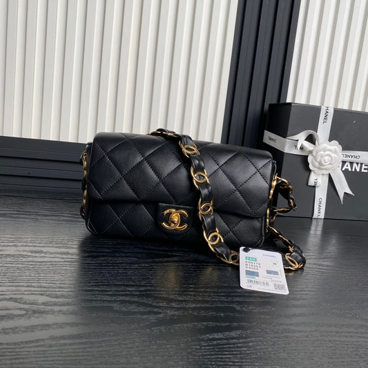 CC 24K Mini Flap Bag 21cm Black Lambskin Gold Hardware