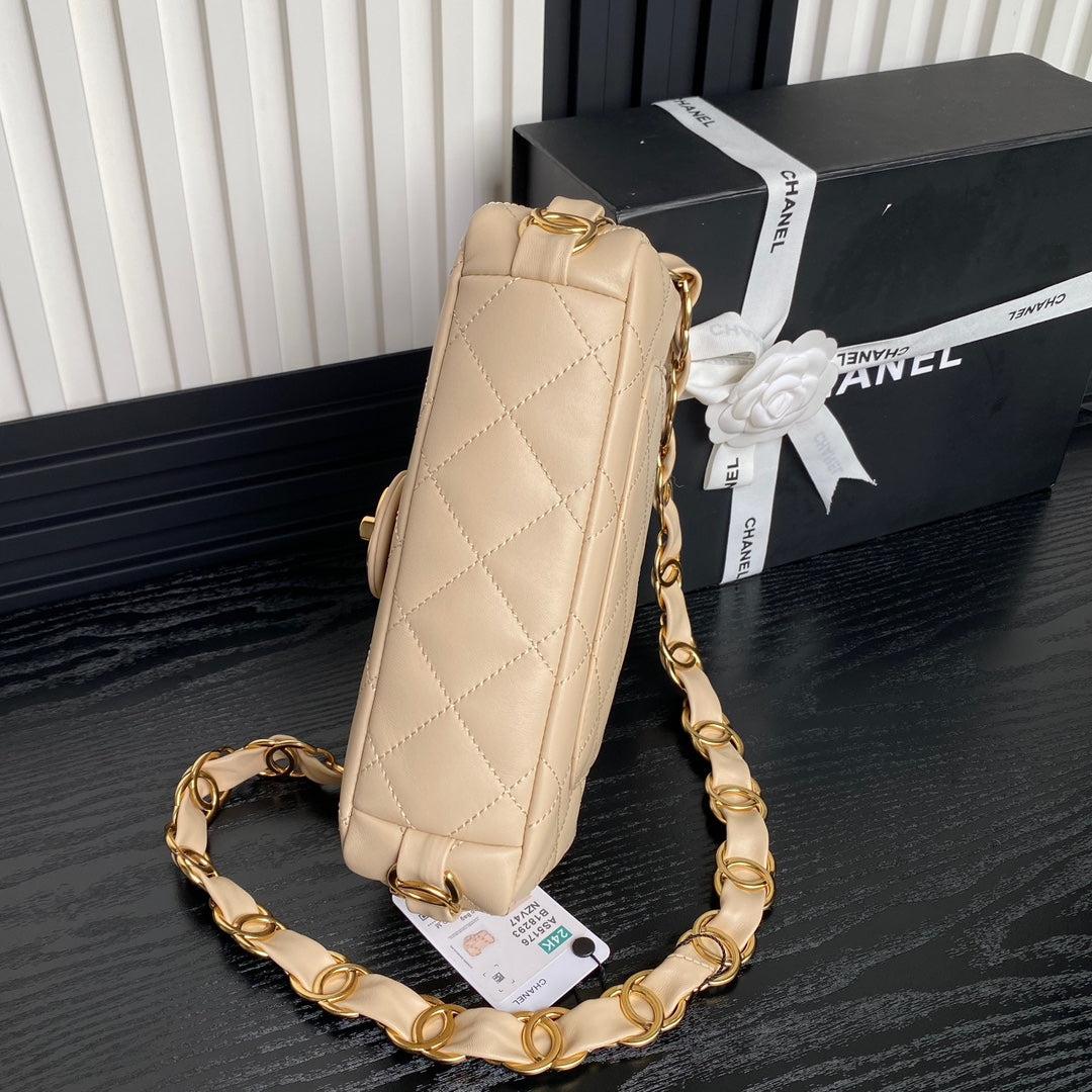 CC 24K Mini Flap Bag 21cm Beige Lambskin Gold Hardware