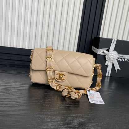 CC 24K Mini Flap Bag 21cm Beige Lambskin Gold Hardware