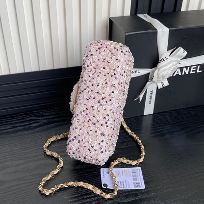 CC 24K Flap Bag 20cm Pink White Sequin Beige Lambskin