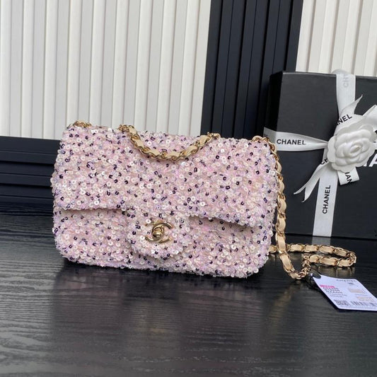 CC 24K Flap Bag 20cm Pink White Sequin Beige Lambskin