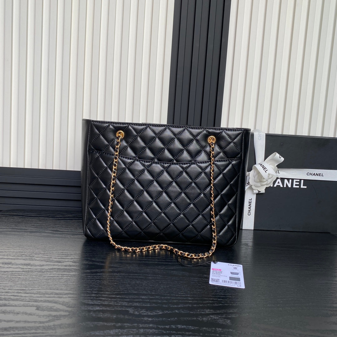 24K Shopping Bag 32cm Black Calfskin Gold Hardware