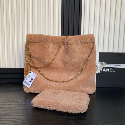 CC 24K Hobo 22 Bag 39cm Brown Wool Fur