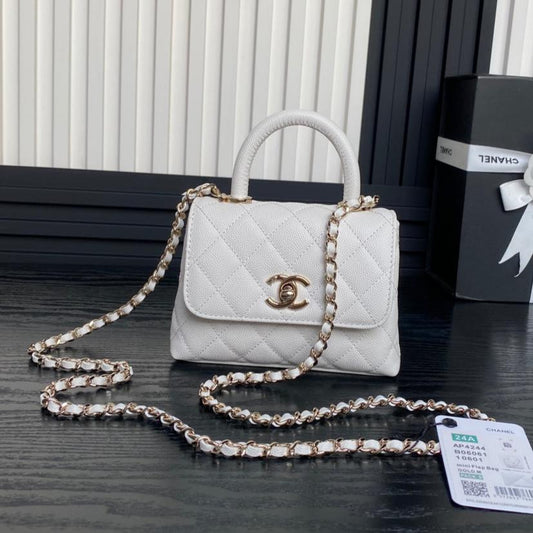 CC 24K Coco Handle Nano 14.5cm White Grained Calfskin Gold Hardware