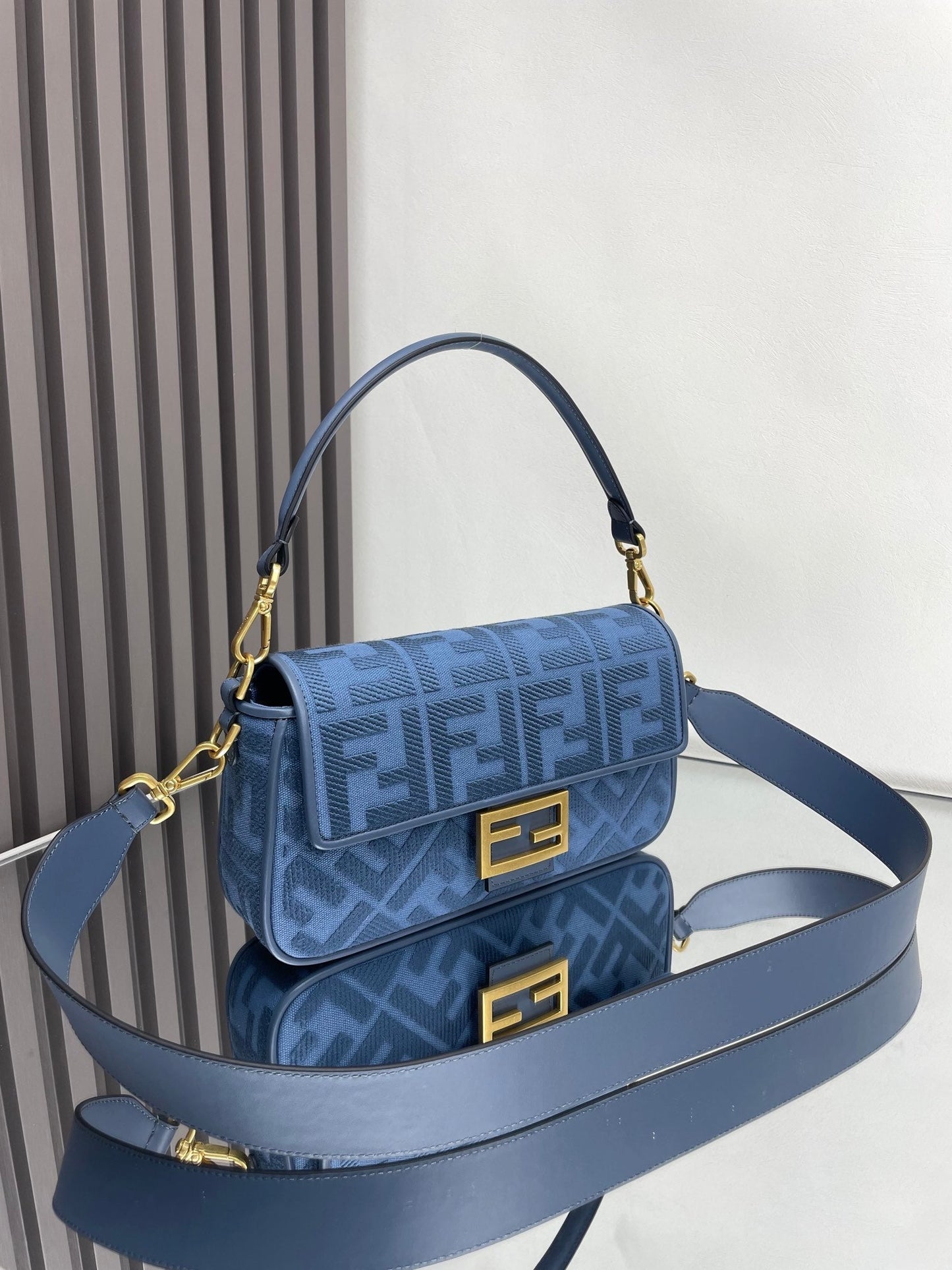 Fend Baguette Blue Canvas Bag 27 with FF Embroidery Ghw