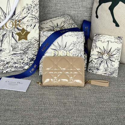 CD Logo Caro 11cm Compact Wallet Shiny Beige Calfskin