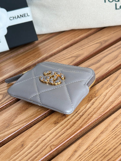 cc 19 zipped coin purse 11cm grey lambskin gold hardware